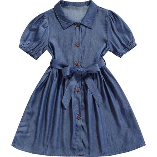 2021 2-7Y Fashion Kids Baby Girls Denim Dress Blue Solid Puff Short Sleeve Button A-line Dress With Belt Casual Sundress