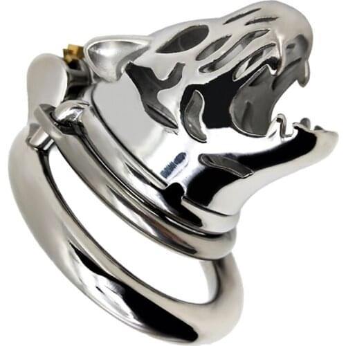 2021 Domineering Tiger Head Stainless Steel Male Chastity Penis Restraint With Anti-Ring Animal Chicken Cage Male Toy Penis Ring