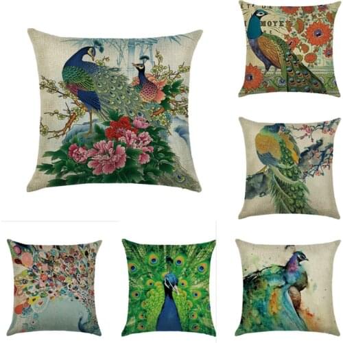 45cm*45cm Green peacock chart linen cotton pillow case sofa cushion cover animal design square decorative pillow cover
