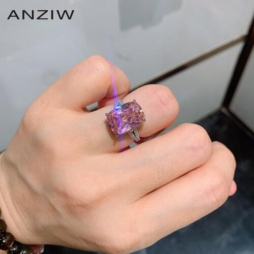 ANZIW Sterling Silver Cushion Cut Lab Created Pink Sapphire Simple Classic Engagement Ring for Women Jewelry Gifts Adjustable