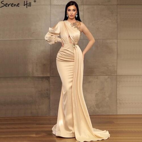 Serene Hill Satin Champagne Sexy Evening Dresses 2020 Mermaid Beading One Shoulder Formal Dress Design DLA70706