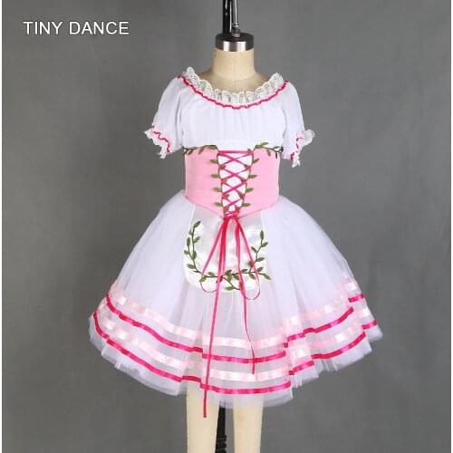 White Chffon Short Sleeves Romantic Tutu Skirt with Small Apron Girls Ballerina Dance Costume Ballet Tutu Leotard Dress 20529