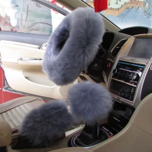 3Pcs Winter Warm Faux Fur Wool Handbrake Cover Gear Shift Hanging Sleeve Fluffy Thick Car Steering Wheel Simple Design