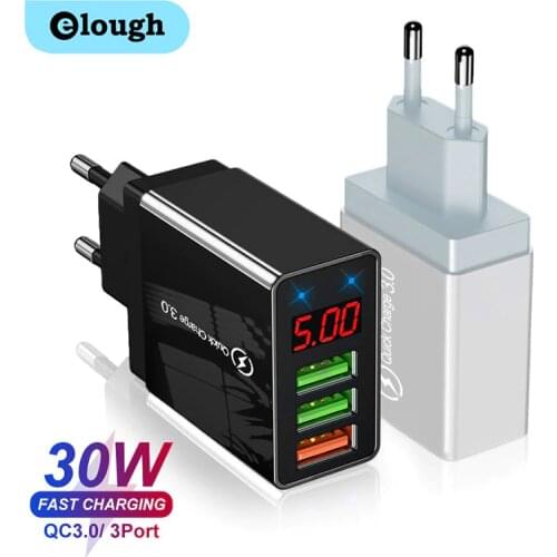 Elough 3 Ports USB Quick Charger 30W 5V/3A Digital Display Mobile Phone Fast Charging for iPhone Xiaomi Poco x3 EU Wall Charger