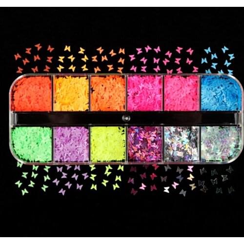 12 Grids Neon Nail Art Sequins Butterfly Design Fluorescent Glitter Flakes French Manicure Nail Art Decorations Nail Supplies