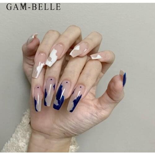 GAM-BELLE Blue White Geometric Pattern Fake Nails Full Cover Long Ballerina Artificial Press On Nail Tips DIY Manicure Tools