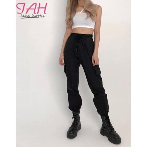 IAMHOTTY Drawstring Solid Harajuku Cargo Pants Big Pocket Lace-Up Buckle Safari Pantalon Baggy Jogger Hip-Hop High Waist Pants
