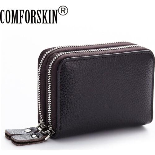 COMFORSKIN Fashion Double Zipper Square Style Card Wallet Premium Genuine Leather 2018 New Arrivals Multi-functional Coin Purse
