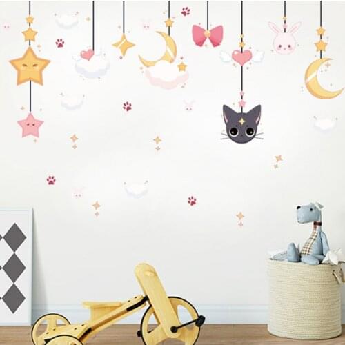 Cartoon Moon star cat home decor for kids room lovely cloud rabbit fashion wall stickers PVC Wall stickers artistic design vinyl