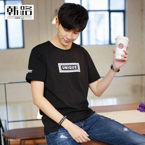 HANLU summer mens cotton solid color printing Half sleeve T-shirt Casual Male Round neck bottoming shirt Tops Tees Short sleeve