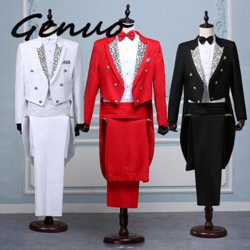 Men White Black Red Jacquard Lapel Tail Coat Stage Singer Costume Homme Wedding Groom Prom Tuxedo Suits Men Suit (Jacket+Pants)