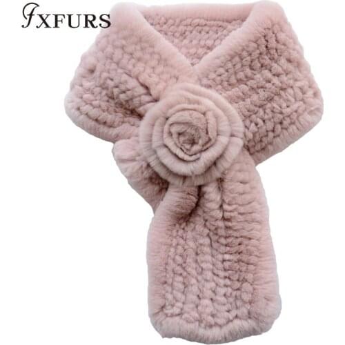 2020 New Women Knitted Rex Rabbit Fur Scarves with Flowers Winter Fashion Fur Wraps Mufflers Rings Warm Neck Warmer Girls Soft