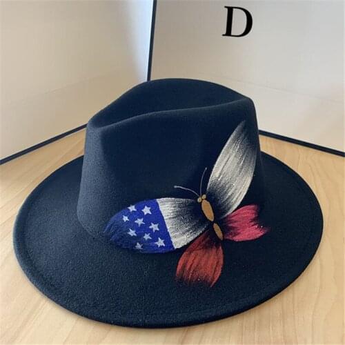 New Fashion Fedora Hats for women men Flat wide Brim Felt Jazz Hats with Hand-painted letters Hip Hop butterfly love Hat