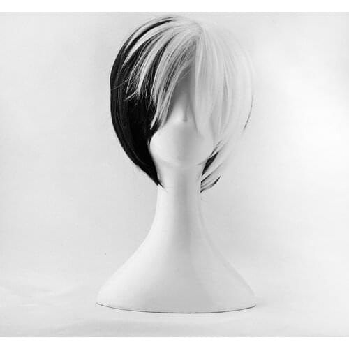 CRUELLA Deville De Vil Short Black White Mixed Fluffy Heat Resistant Hair Cosplay Costume Wig + Free Wig Cap