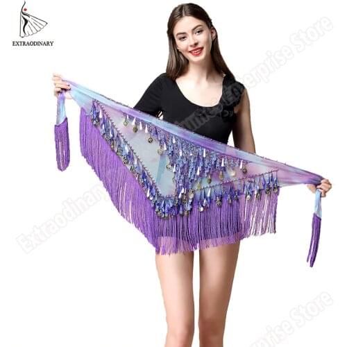 Women belt bellydance scarf hip Belly Dance Accessories Sequins Tassel Triangle Wrap Costume Belt Shawl Chiffon fringe scarf