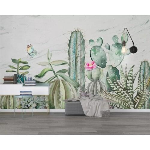 Beibehang Custom wallpaper wall stickers Hand painted cactus butterfly Flower modern small fresh background wall 3d wallpaper