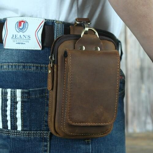 Real Leather men Casual Design Small Waist Bag Cowhide Fashion Hook Bum Bag Waist Belt Pack Cigarette Case 5.5" Phone Pouch 005
