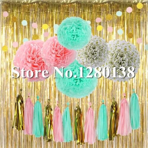 Party Decorations Gold Foil Curtain Balloon Tissue Paper Tassel Garland Pompoms Paper Banner FLags for Wedding Birthday Shower