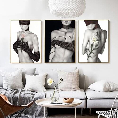 Simple Black and White Portrait Canvas Painting Sexy Body Art Beauty Rose Poster Living Room Bedroom Wall Art Decor Pictures