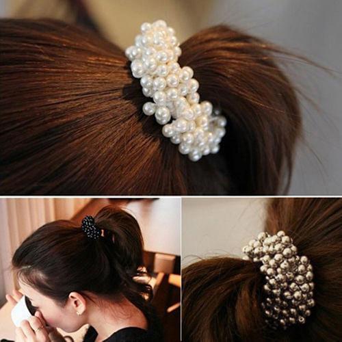 Fashion Women Faux Pearls Beads Hair Band Rope Scrunchie Ponytail Holder Hair Accessories for Girls White Black Champange
