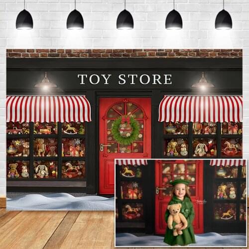 Christmas Toy Store Photography Backdrops Winte Snow Kids Children Photocall Background Photo Studio Red Christmas Door Decor