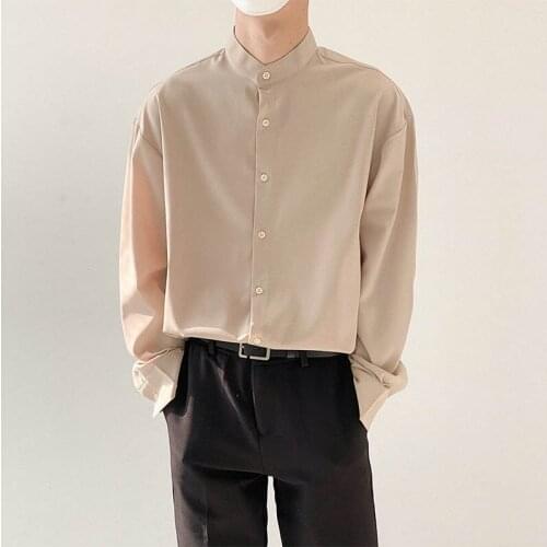 Solid Lapel Long Sleeves Shirt Men Casual Simple Basic Black Base Shirt Men Retro Loose Office Oversized Shirts Mens 2021