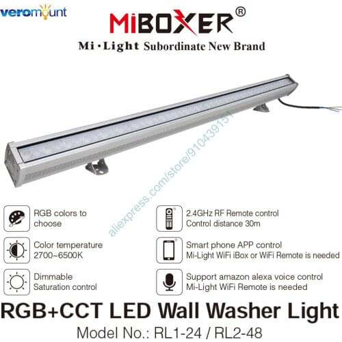 MiBoxer RGB+CCT LED Wall Washer Light RL1-24 24W RL2-48 48W AC100-240V IP66 Outdoor Lamp 2.4G RF Remote WiFi APP Voice Control