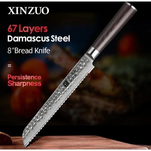 XINZUO 8" inch Bread Knife 67 layers Damascus Steel Kitchen Knife New Japanese Style VG10 Core Cake Knives with Pakkawood Handle
