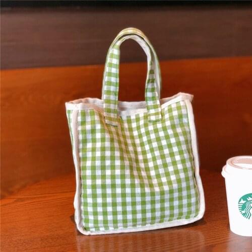 Youda Women Small Square Bag Portable Cloth Bag Cotton Double-layer Thick Plaid Handbag Korean Book Shopping Bags for Girls
