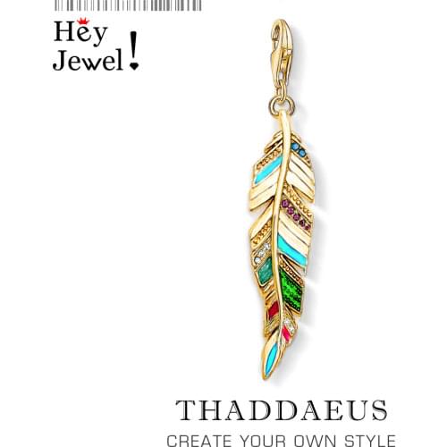 Golden Ethnic Feather Pendant Charm 2019 New Arrival 925 Sterling Silver Gift Simple Fashion Jewelry Fit Bracelet Necklace