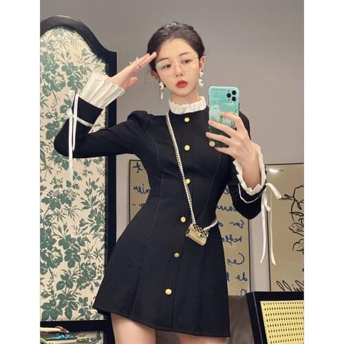 Korean Chic Slim Single-breasted Long Sleeve Stand Black Dress Mini Lace Up Autumn Temperament Retro Bodycon Vestidos Mujer