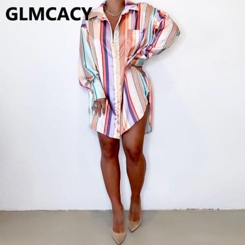 Women Long Sleeve Striped Printed Shirt Dress Slim Mini Dress