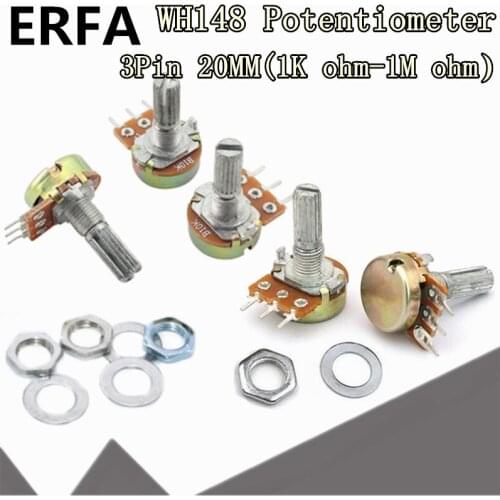 100pcs WH148 B1K B2K B5K B10K B20K B50K B100K B500K 3Pin 20mm Shaft Amplifier Dual Stereo Potentiometer 1K 2K 5K 10K 50K 100K 1M