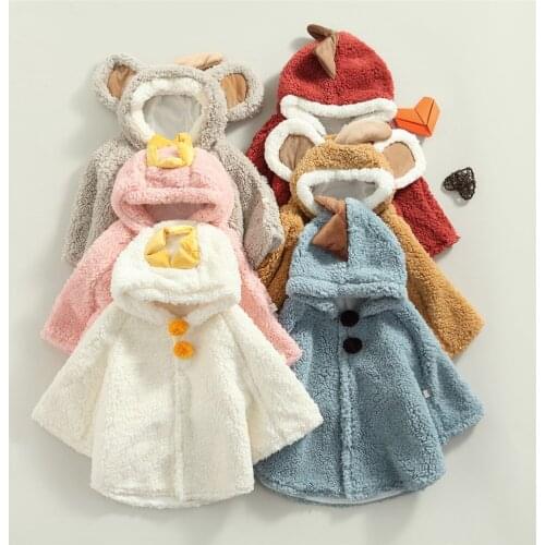 2021 4-5Y Fashion Kids Baby Plush Coat Cloak Winter Fall Long Bat Sleeve Buttons Hooded Cartoon 3D Hat Warm Smock for Girl Boy