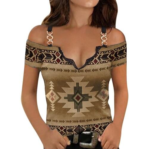 60# Oversized Womens Summer T Shirt Fashion Print Short Sleeve T-shirts V-neck Off-the-shoulder Tee Top Camisetas De Mujer