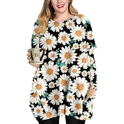 8XL Plus Size For Big Ladies 2021 Autumn New Fashion Daisy Flower Print Long Sleeve Loose Dress Casual Stylish Floral Vestidos