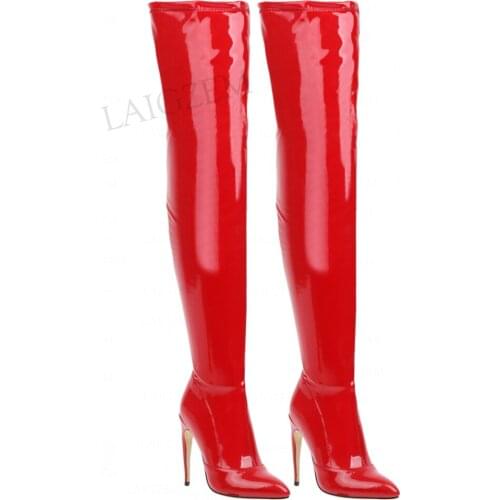 DOHBANER Over Knee Boots For Women Stretchy Side Zip High Heels Shiny Thigh High Boots Slim Shoes Woman Big Size 33 39 43 47 49