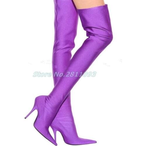 2020 Sock Boots Stretch Fabric Thin Heel Pointed Toe Slip On Velvet Long Boots Solid Purple Green Red Black Runway Dress Shoes