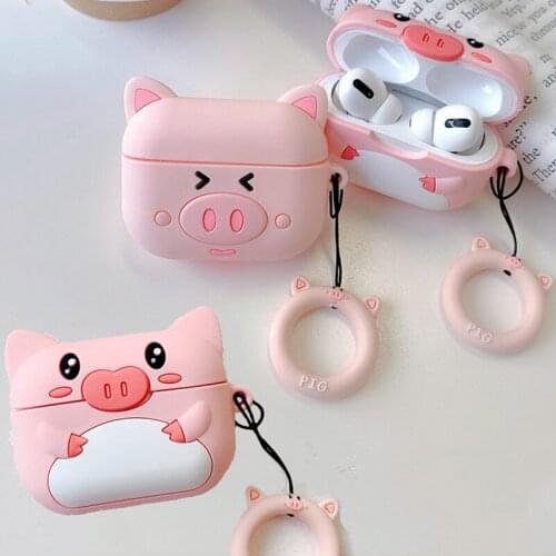 For AirPods Pro Case 3D Cute Cartoon Pink Pig Wireless Earphone Cover for Apple Airpods 3 Kawaii Piggy Finger Ring Strap Shell