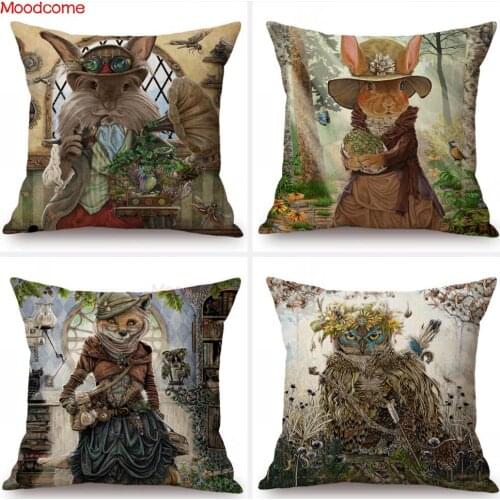 Fairy Tale Alice in Wonderland Cute Animals Fox Bunny Owl Art Decorative Pillow Children Kids Room Decoration Sofa Cushion Cover
