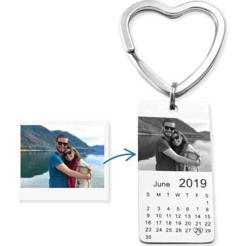 ELANUOYY Stainless Steel Custom Photo Calendar KeyChain Engravable Girlfriend Boyfriend Anniversary Gift