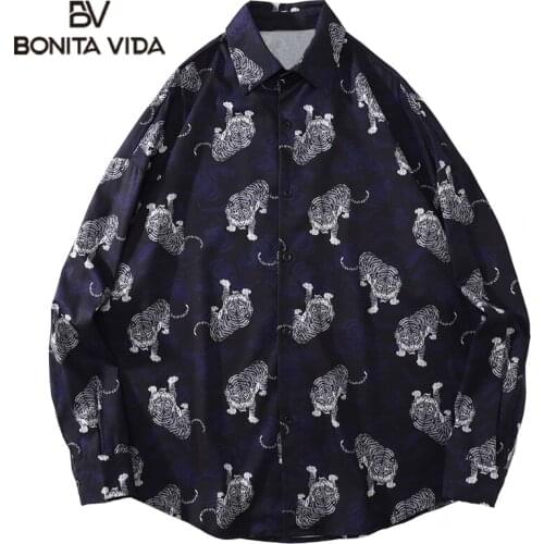 Bonita Vida Tiger Print Long Sleeve Hawaiian Beach Shirts Harajuku Hip Hop Mens Casual Button Tropical Blouse Shirt Tops