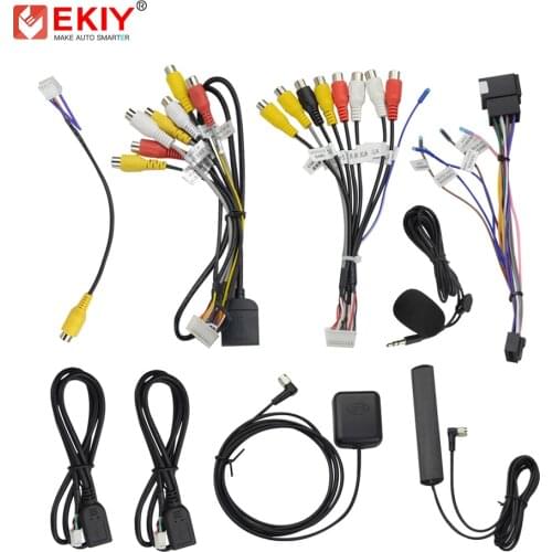 EKIY 20 Pin USB ISO Power Cable Radio Adapter Microphone Rear View Camera Output AUX GPS Wifi/4G Version RCA Cable For Car Radio