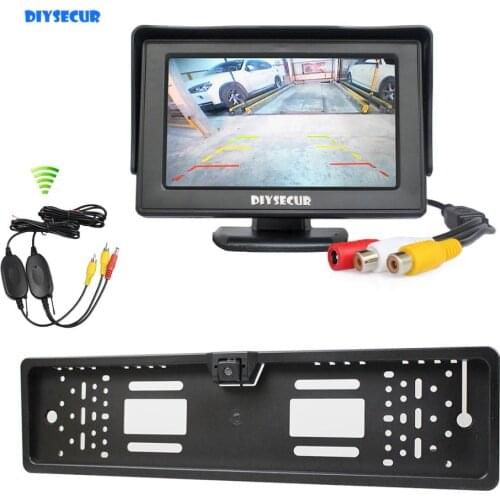 DIYSECUR Wireless Waterproof European Car License Plate Frame Rear View Backup Camera + 4.3 inch LCD Display Car Monitor