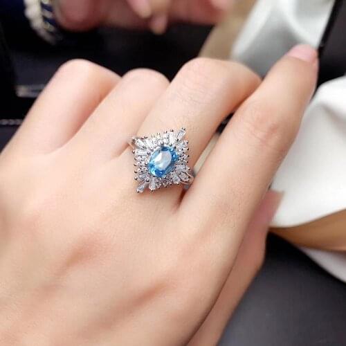 Natural blue topaz gem Ring Natural gemstone Ring S925 silver Luxurious grace rhombus geometry women girl party gift Jewelry