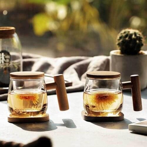 300ML Creative Borosilicate Tea Infuser Glass Mug Transparent TeaCup With Filter Wooden Lid Cover Handle Coaster For Coffee Milk