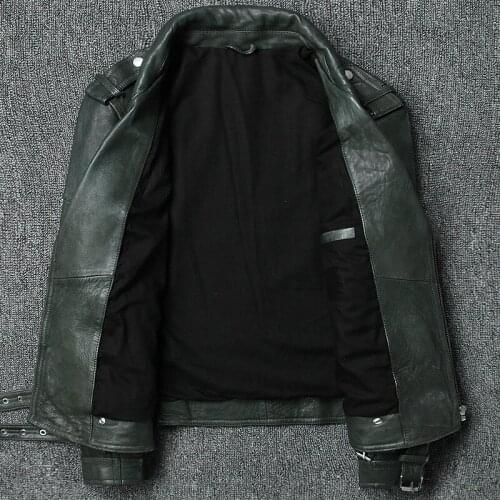 High Quality Turn-Down Collar Sheepskin Motorcycle Genuine Leather Jacket Mens Slim Adjustable Waist Sequined Real Leather Coat