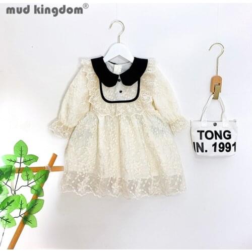 Mudkingdom Lace Princess Dress for Cute Girls Peter Pan Collar Print Zipper Puff Long Sleeve Dresses Toddler Spring Kids Clothes