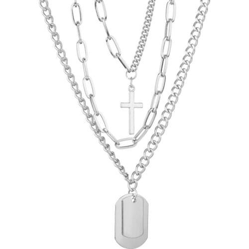 Men Multi-layer Long Necklace Fashion Silver Color Curb Chain Charm Hip Hop Jewelry Gifts Punk Cross Pendant Necklace