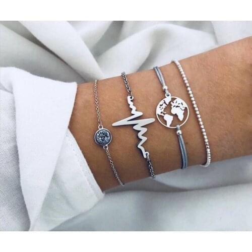 HebeDeer Popular Bohemian Simple Fashion Kpop ECG Lightning World Map Women Charm Bracelet Set 4Pcs/Set Beach Party